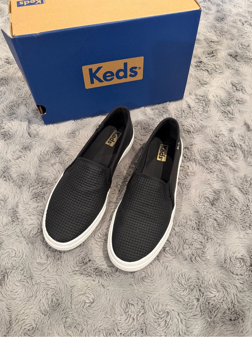 Keds Black Textured Slip-On Loafers with White Sole